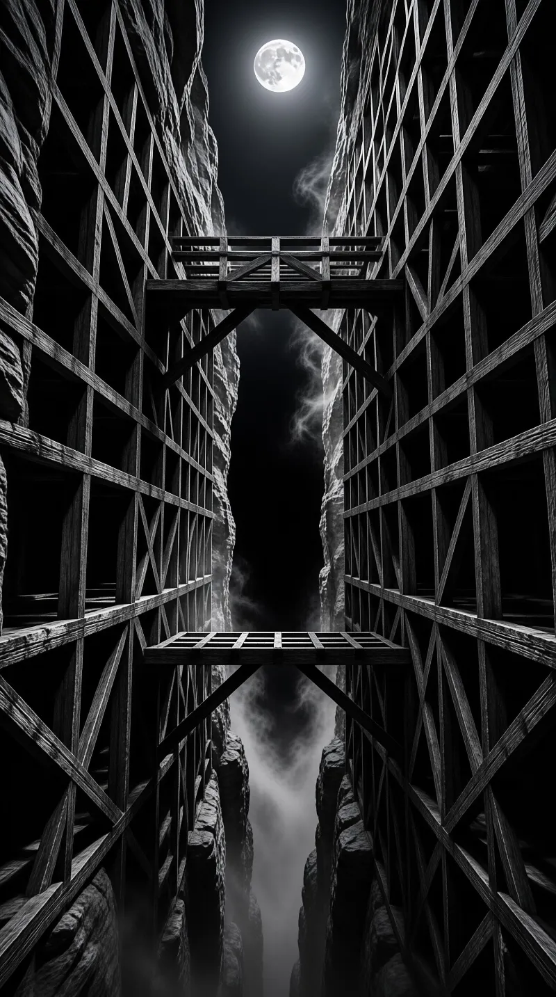 Two tall wooden scaffolding structures frame a narrow gap where a full moon shines brightly above connected platforms.