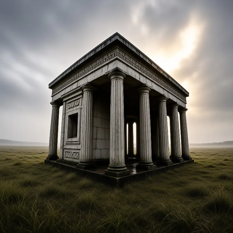 A small classical building sits in a foggy meadow with bright light emerging from the overcast sky.