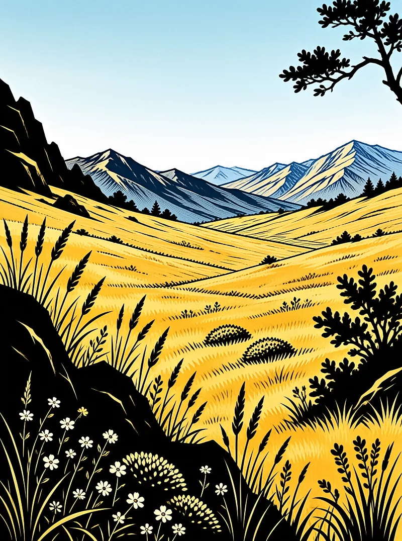 Stylized illustration of ripe wheat and white wildflowers in a valley with blue mountains rising in the background.