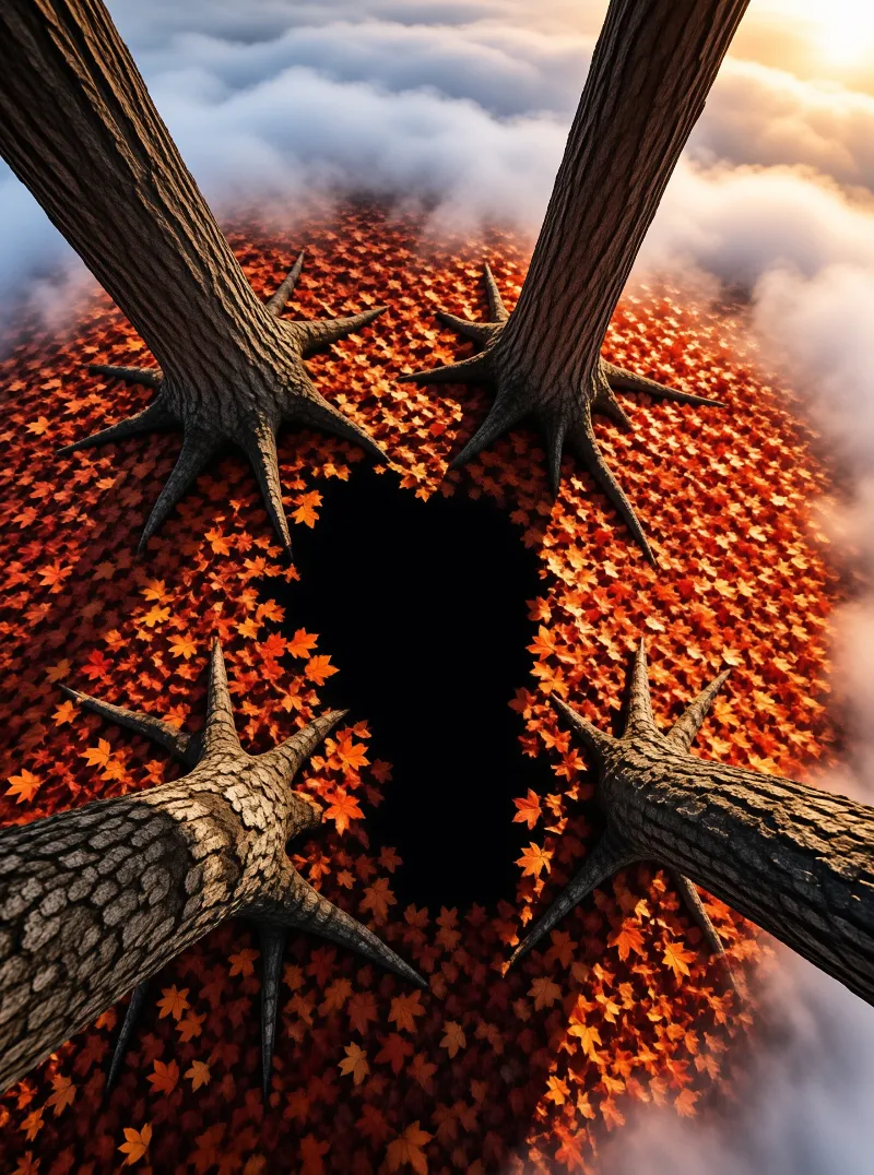 Four gnarled thorned branches frame a dark void in rust orange maple leaves, lit by warm sunset light through clouds.