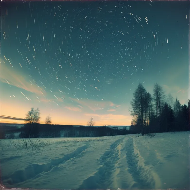 Star trails spiral across a teal twilight sky above snow covered tracks in an open snowy clearing, with dark conifer trees and warm orange dusk glow at the horizon.