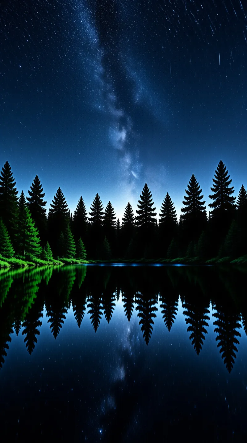 Dark coniferous trees form a silhouette against a starry sky where the Milky Way arches over a calm lake that reflects the celestial light and forest shapes in its blue surface.
