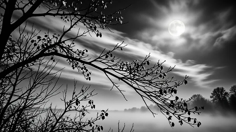Dark tree branches silhouette against a cloudy night sky featuring a bright full moon above a layer of mist on the horizon.