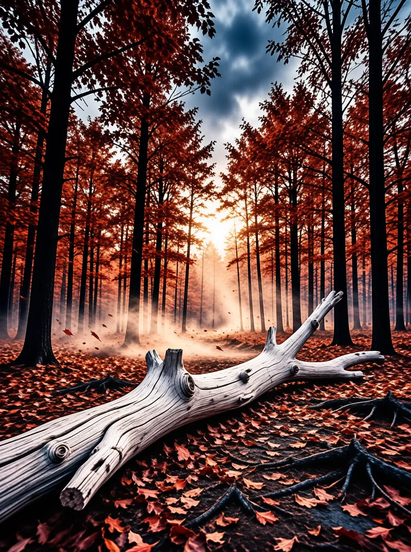 A sunlit misty red maple grove has a weathered bleached birch log lying across the leaf-strewn forest floor