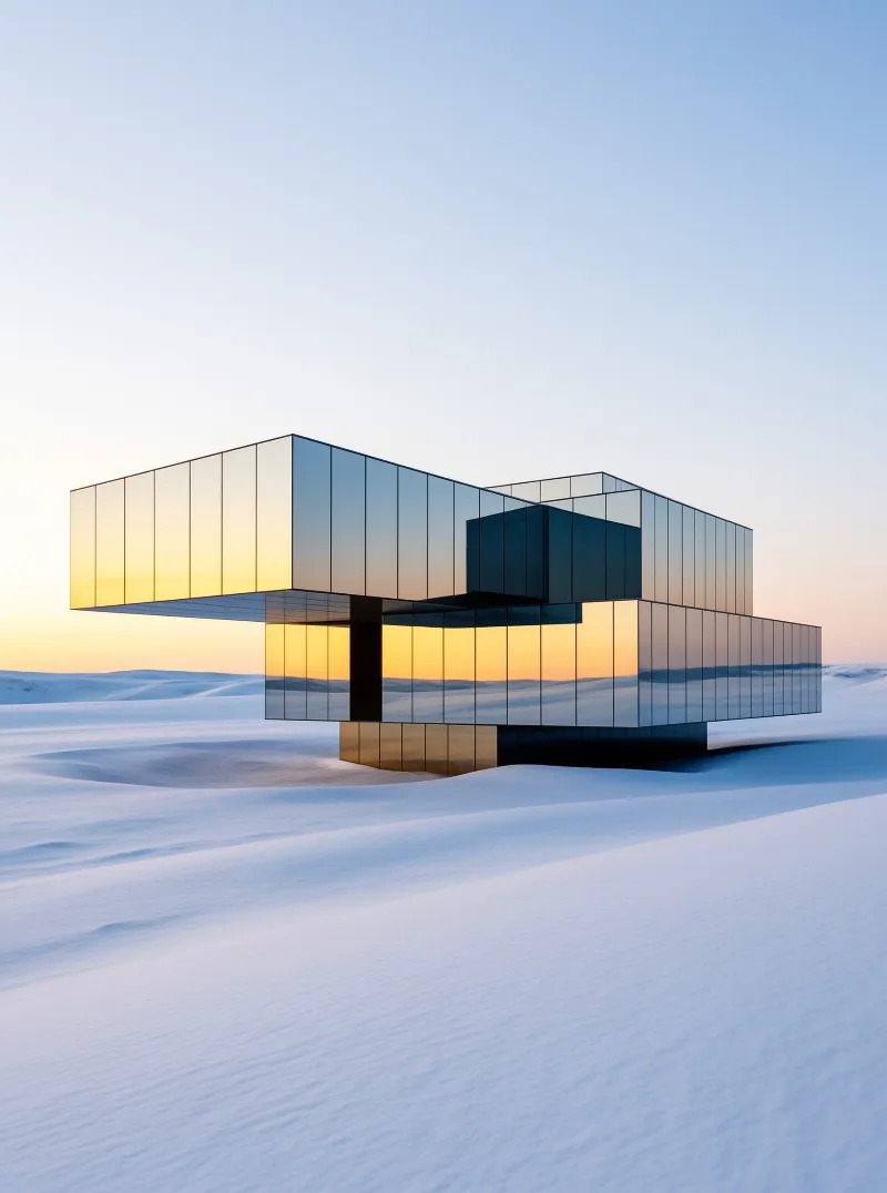 A geometric glass pavilion sits in a snowy field reflecting the warm hues of the rising sun.