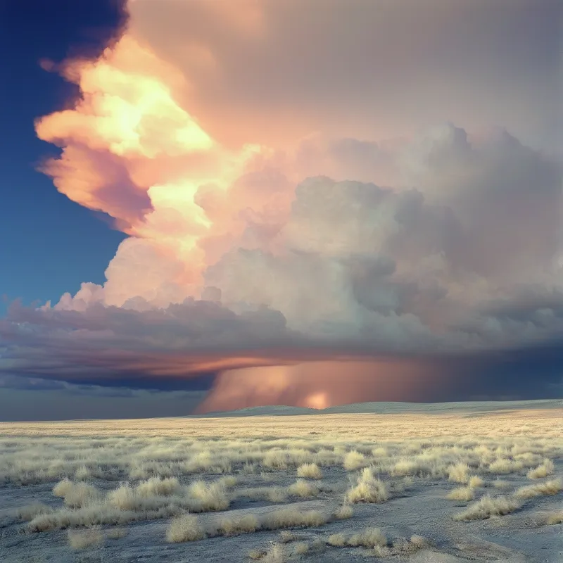 A massive storm cloud glows with orange sunlight above a flat desert plain scattered with small shrubs.