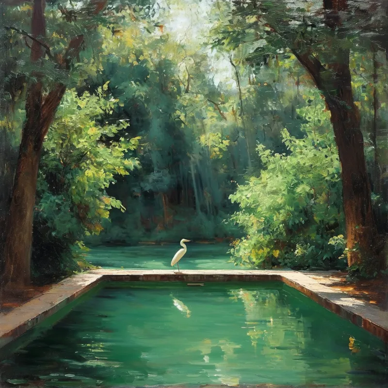 A white heron stands on the edge of a rectangular green pool surrounded by lush forest trees and dappled sunlight.