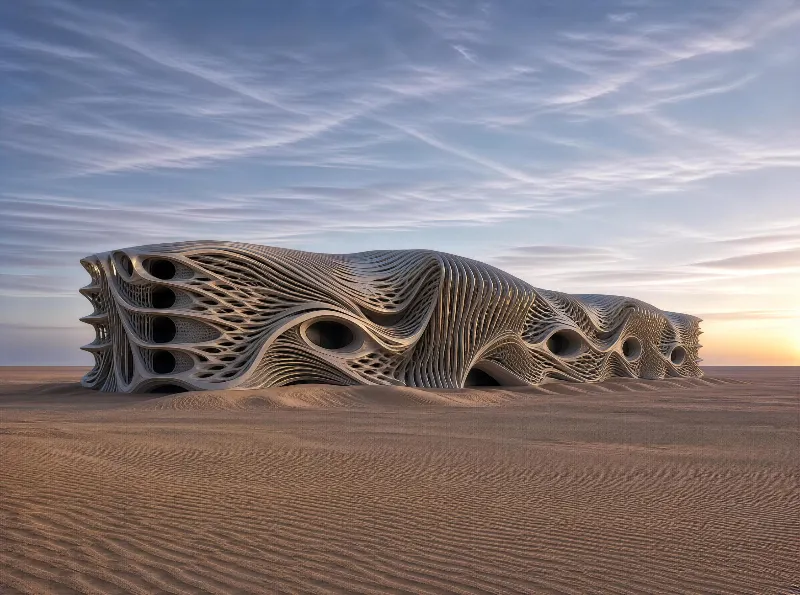 A futuristic architectural structure with flowing curves and openings stands in a vast desert under a colorful twilight sky.