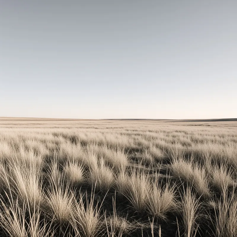 Vast expanse of dry grassland stretching to the horizon under a pale blue sky with warm lighting