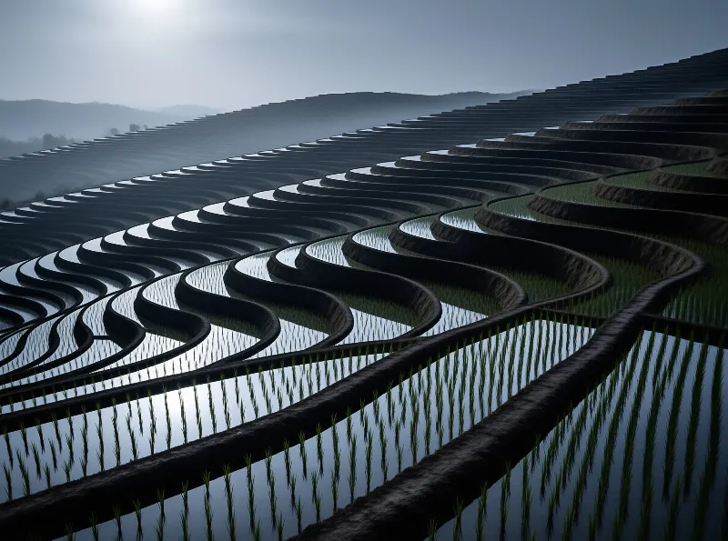 Curved water-filled fields stretch across a misty landscape with green sprouts emerging from reflective pools in cool blue light.