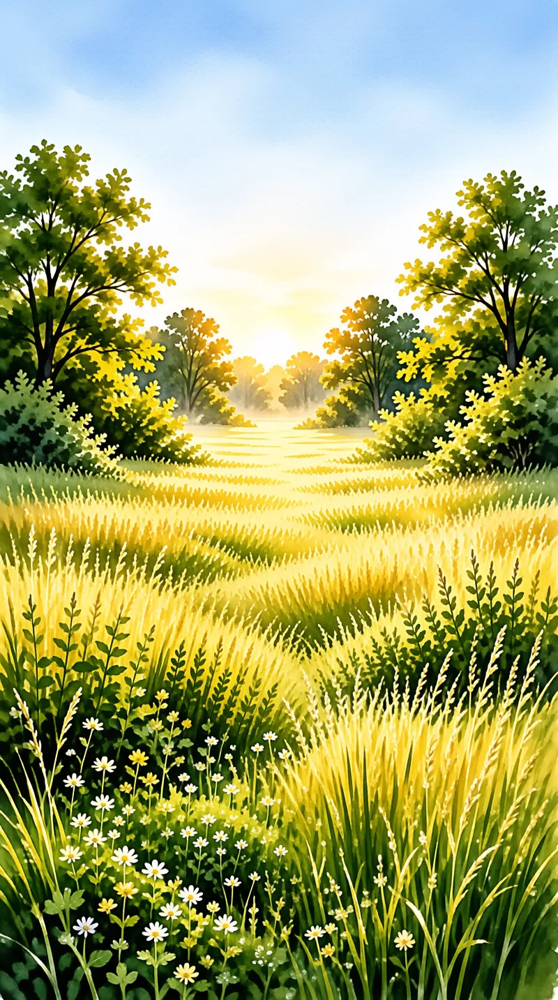 A field of golden wheat stretches toward a bright sun framed by lush green and yellow trees.