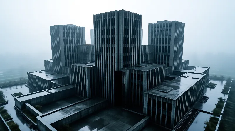 An aerial view shows ribbed grey structures standing in reflective pools surrounded by thick fog.