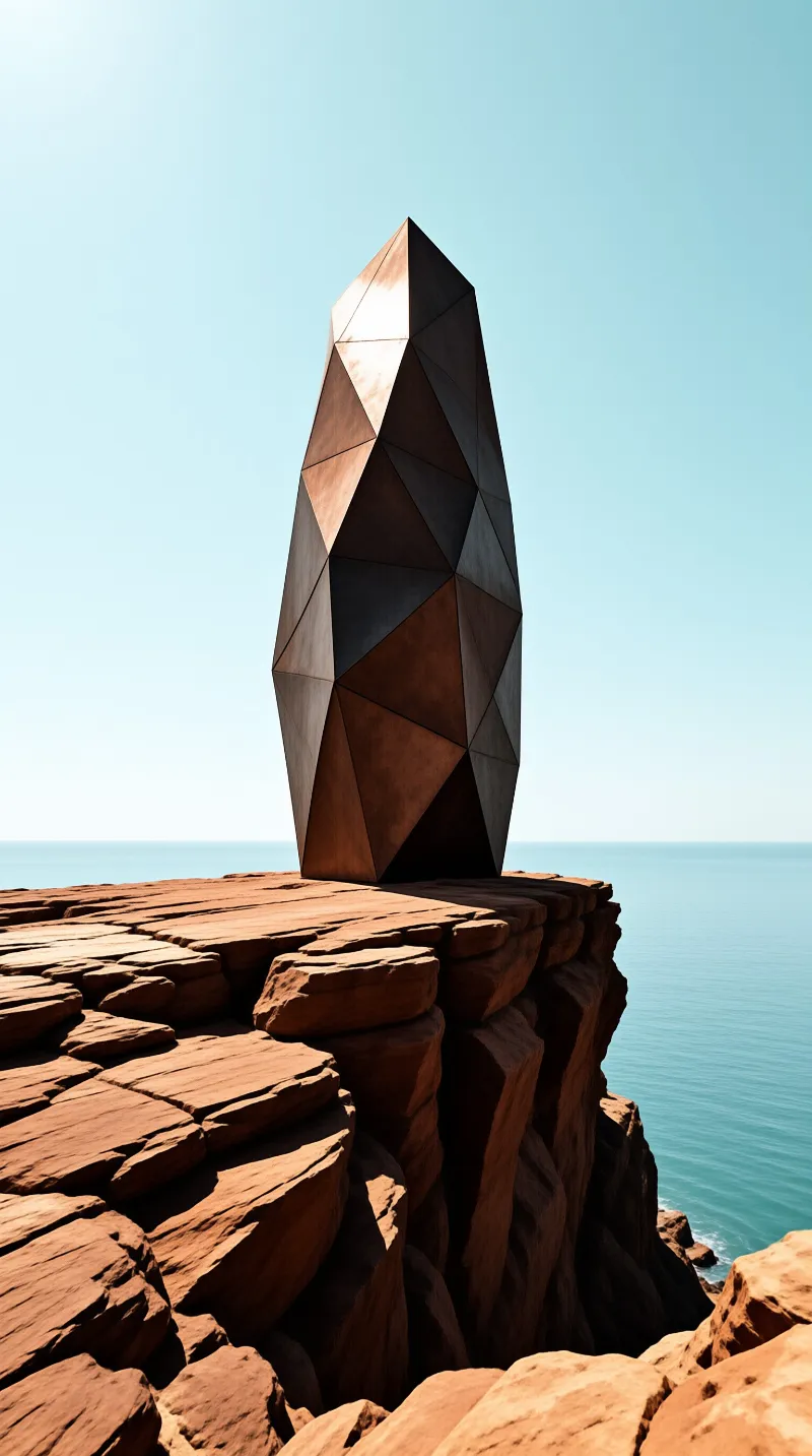 A tall faceted metallic monument rises from red rock formations overlooking a calm turquoise ocean under a clear sky.