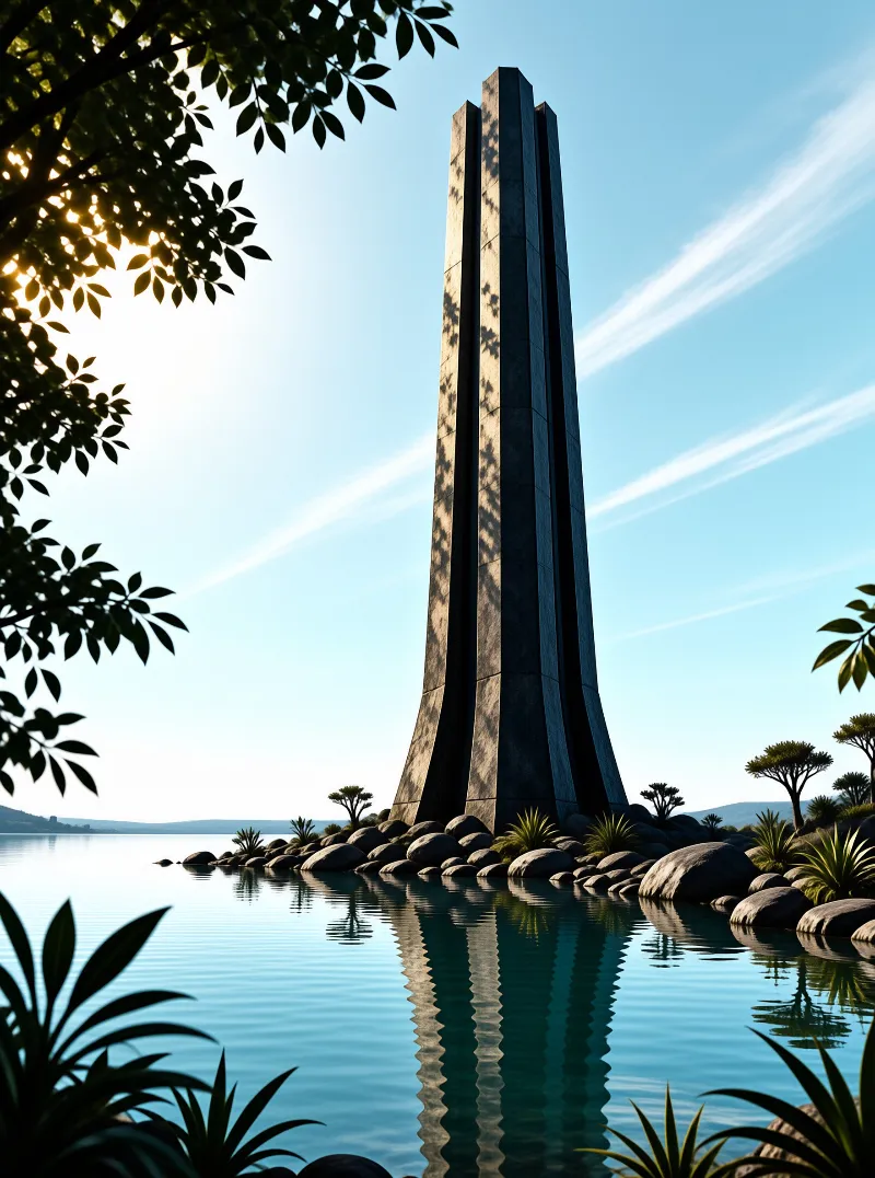 A towering dark structure rises from calm waters surrounded by rocks and lush vegetation under a bright sky.