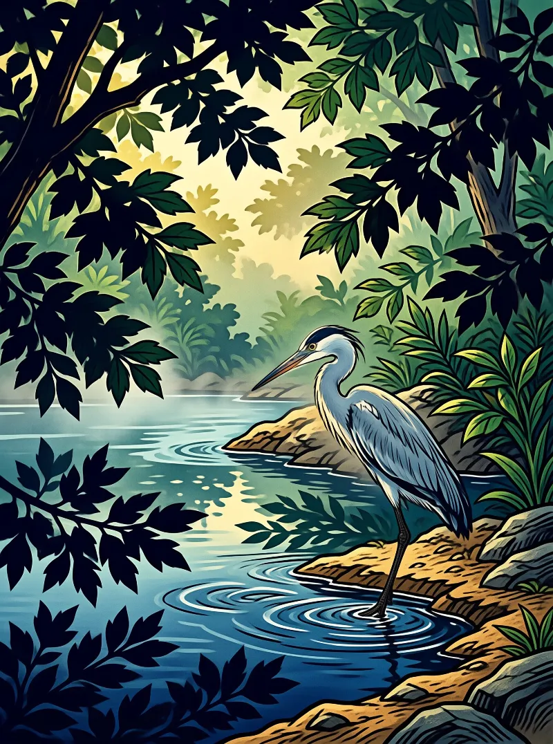 A grey heron stands on one leg in shallow blue water near brown rocks, surrounded by dark green leaves and branches framing the scene. The background shows a misty riverbank with soft yellow light filtering through the trees, creating a tranquil atmosphere in this stylized nature illustration with vibrant greens and bl