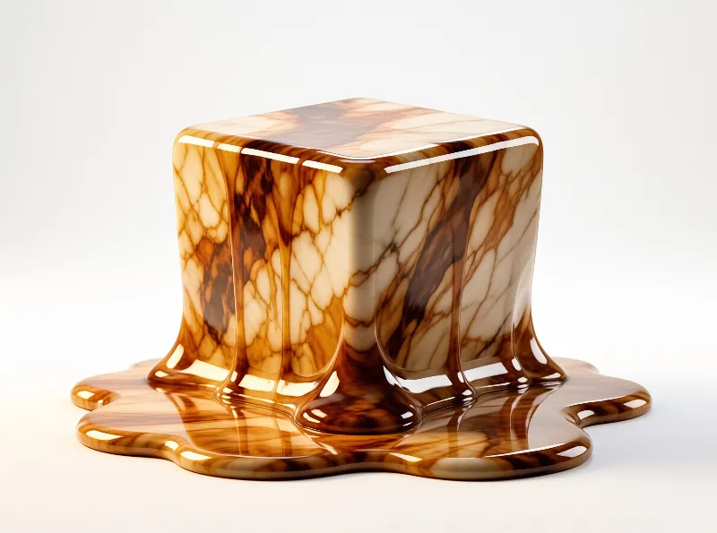 A glossy marble cube with brown and white swirls melts slowly into a puddle on a clean white surface.