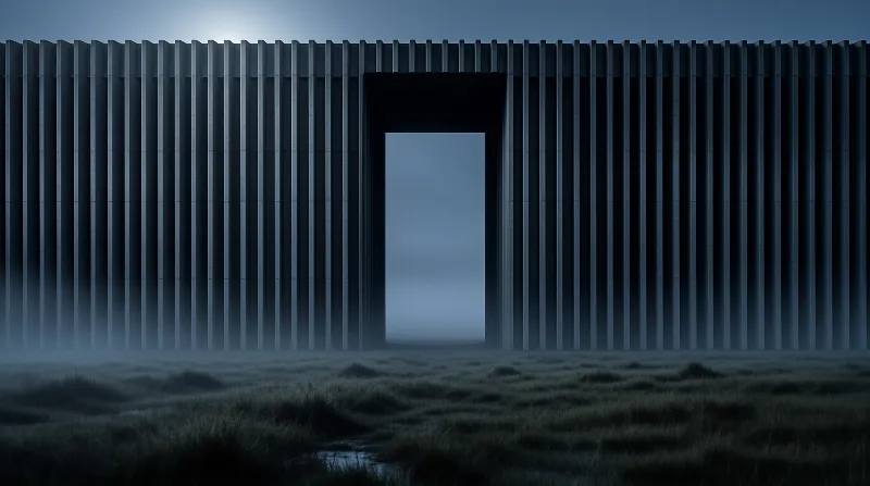 A monumental ribbed wall with a glowing rectangular opening rises above misty grass under a pale moonlit sky.