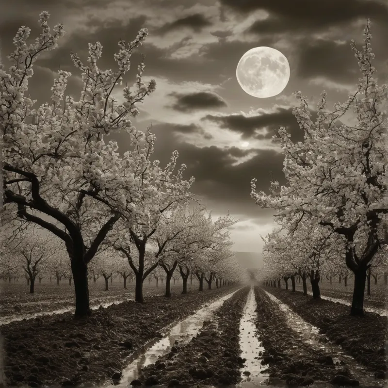 A sepia toned night view of a fruit orchard with white blossoms lining a muddy path beneath a huge moon