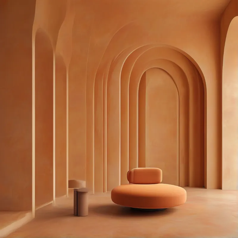 A round orange chair rests on the floor of a room defined by tall repeating arches and soft warm lighting.