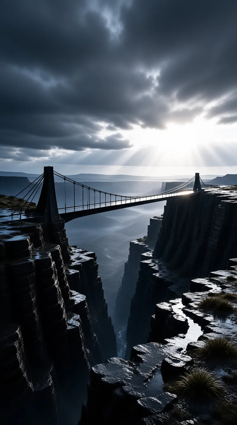 A metal bridge spans a deep gorge while dramatic sunbeams cut through the heavy overcast sky.
