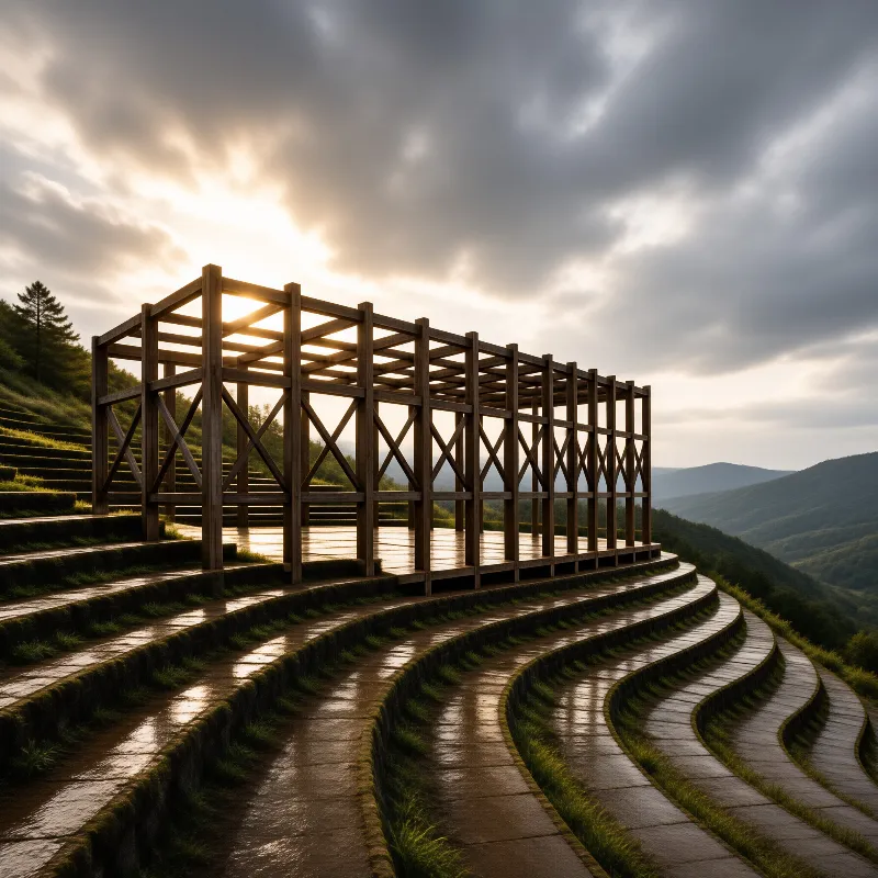An unfinished wooden structure stands on wet curved stone steps with sunlight breaking through clouds.