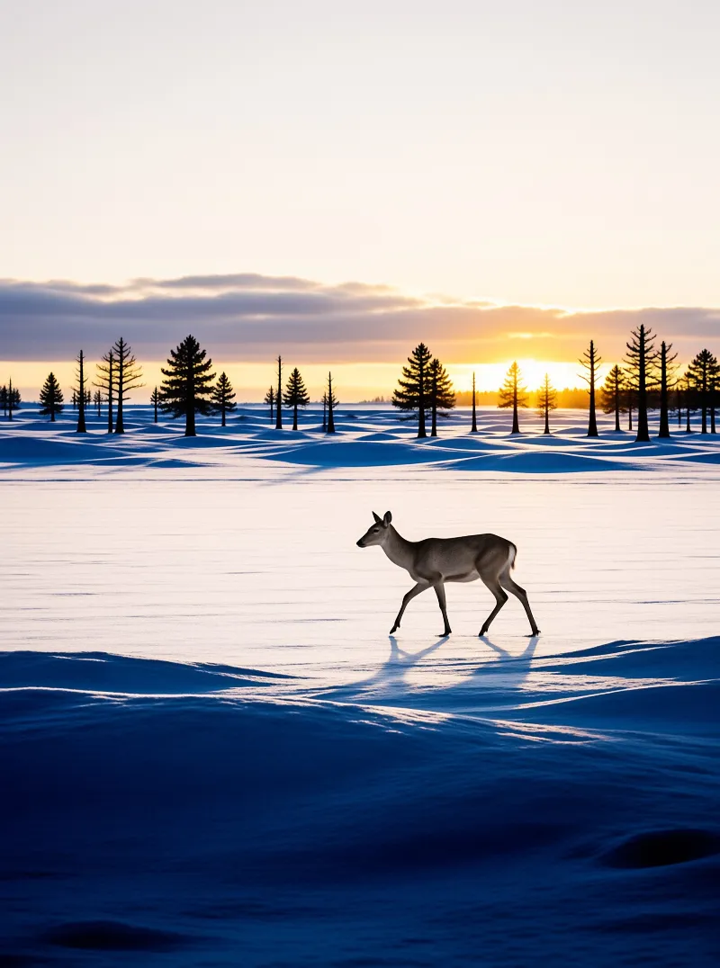 A lone deer walks across a wind-carved snowfield, conifer trees silhouetted against a warm golden sunset on the distant horizon.