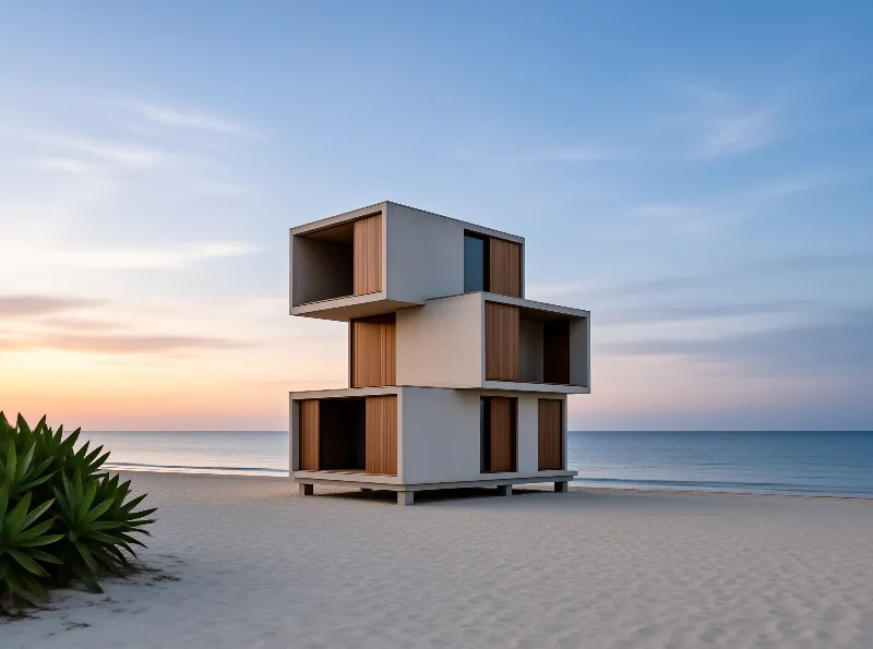 Cubic concrete modules with wooden panels stand on stilts above pale sand beside a calm ocean at sunset.