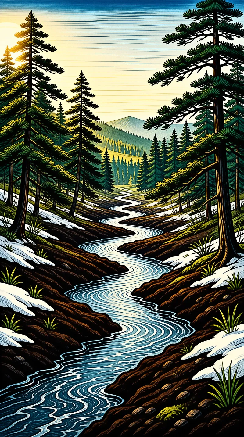A blue winding river flows through a valley lined with tall evergreen trees and patches of melting snow under a striped sky.