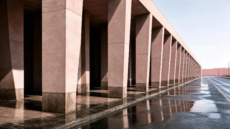 A long colonnade of pink concrete columns lines a wet, reflective road under a clear sky