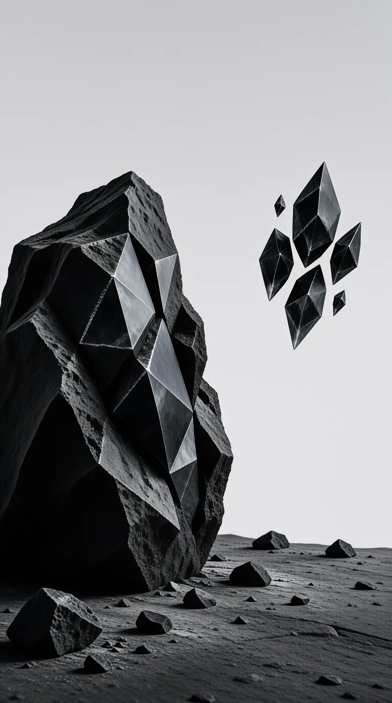 A large faceted stone stands on barren ground while dark geometric shapes hover in the air beside it.