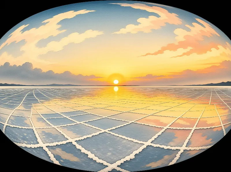 A retro-futuristic painting shows geometric salt flats mirroring a warm sunset beneath an oval sky
