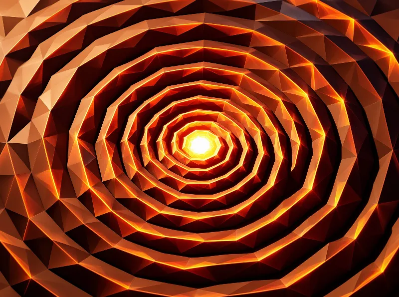 A low polygon spiral tunnel constructed from orange facets that emit a bright glow from the central vanishing point.