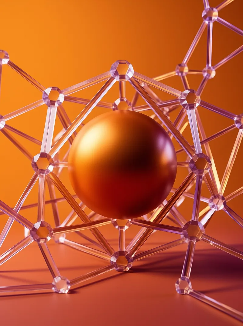 A metallic sphere rests centrally inside a clear crystalline structure surrounded by warm orange tones.