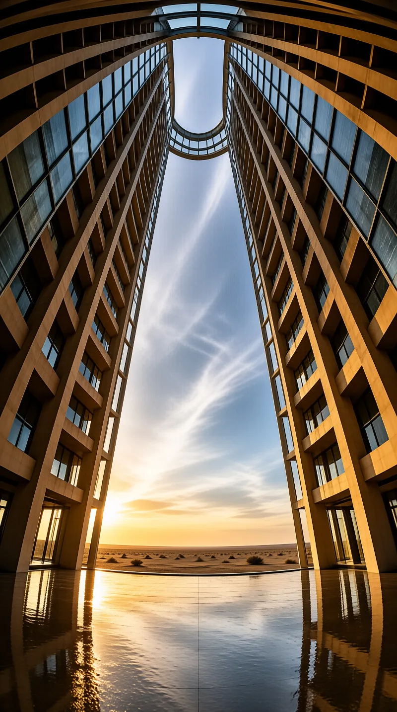 Two glass faced towers lean into an arch of sky against a golden desert sunset reflected on a polished plaza floor.