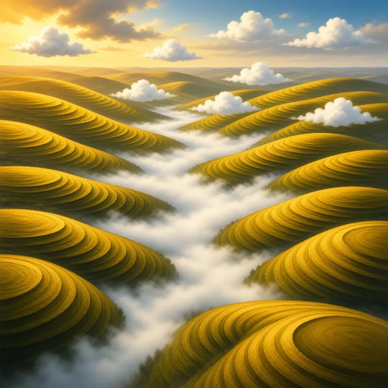 Rounded green and gold hills patterned with swirling lines, low clouds pooling in the valleys under a warm sunset sky.
