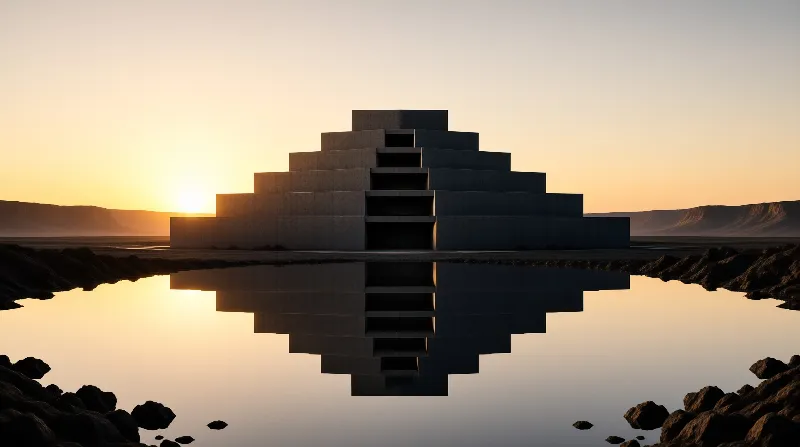 A stepped pyramid structure at sunset casts a full reflection on calm water flanked by dark rocky banks and distant hills