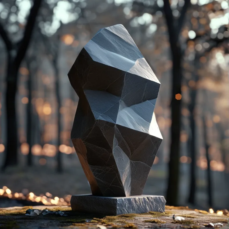 A tall angular rock art piece stands on a mossy base surrounded by blurred trees catching golden afternoon rays.
