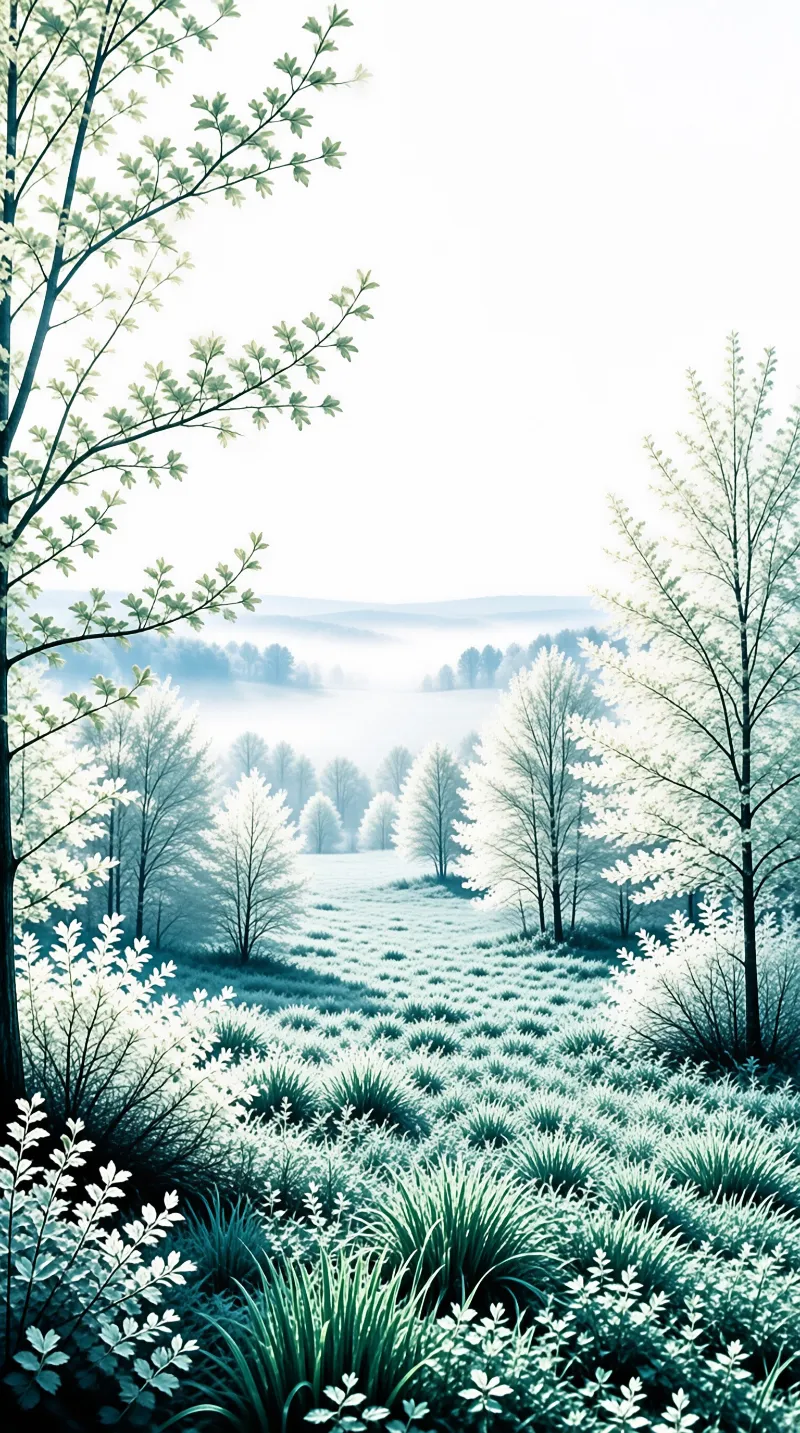 Tall trees frame a wide landscape where thick fog rolls over frost-covered grass and distant hills.