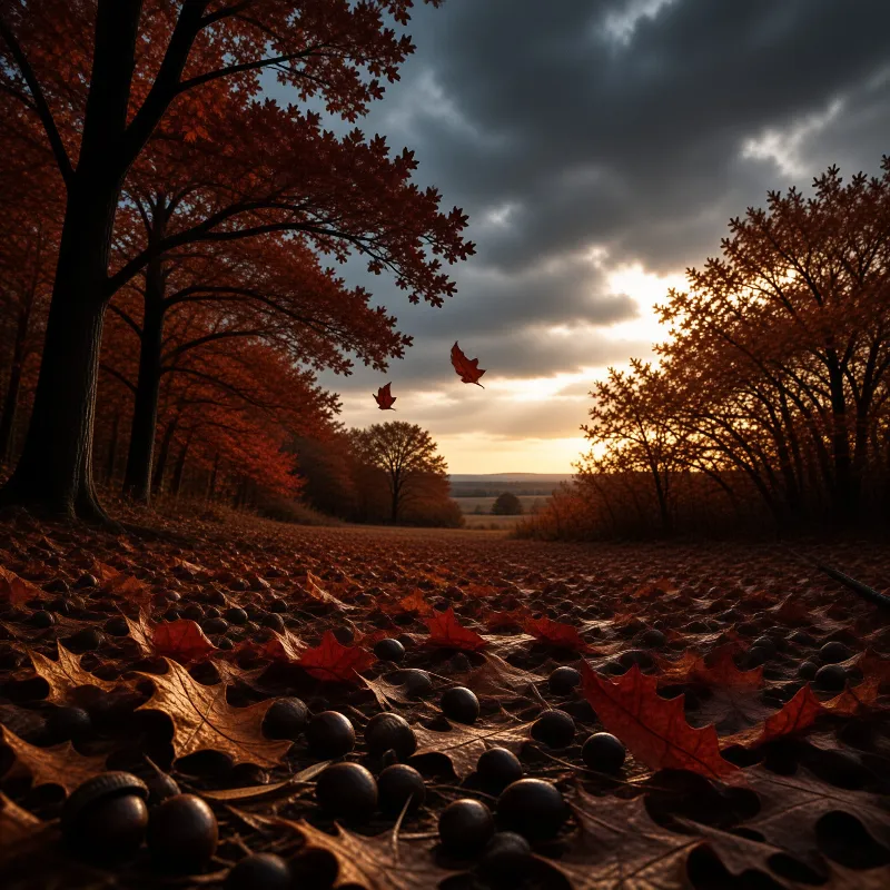 Two red leaves drift above a floor of brown oak leaves and glossy acorns lit by sun breaking through storm cloud.