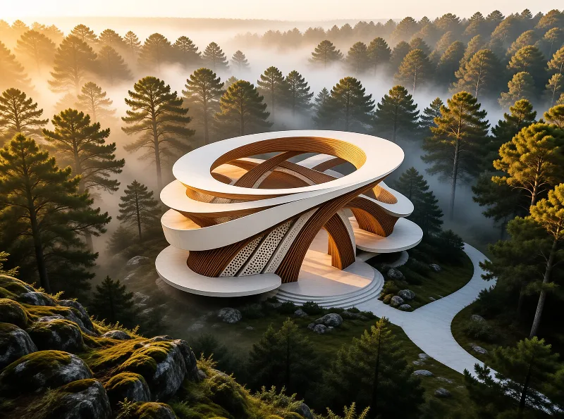 A modern sweeping curved wooden and white pavilion sits among tall pine trees shrouded in soft golden sunrise mist.