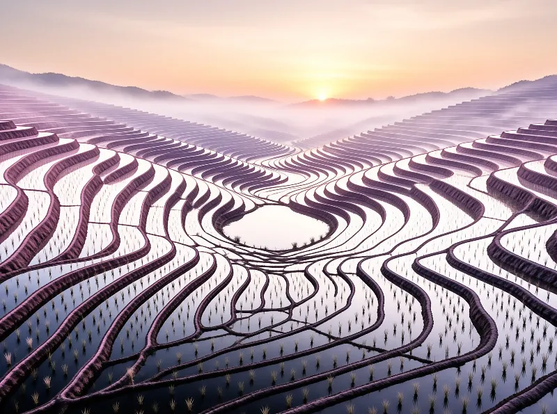Flooded paddy steps ripple down a valley at dawn, mirroring a pale orange sky through drifting mountain fog.