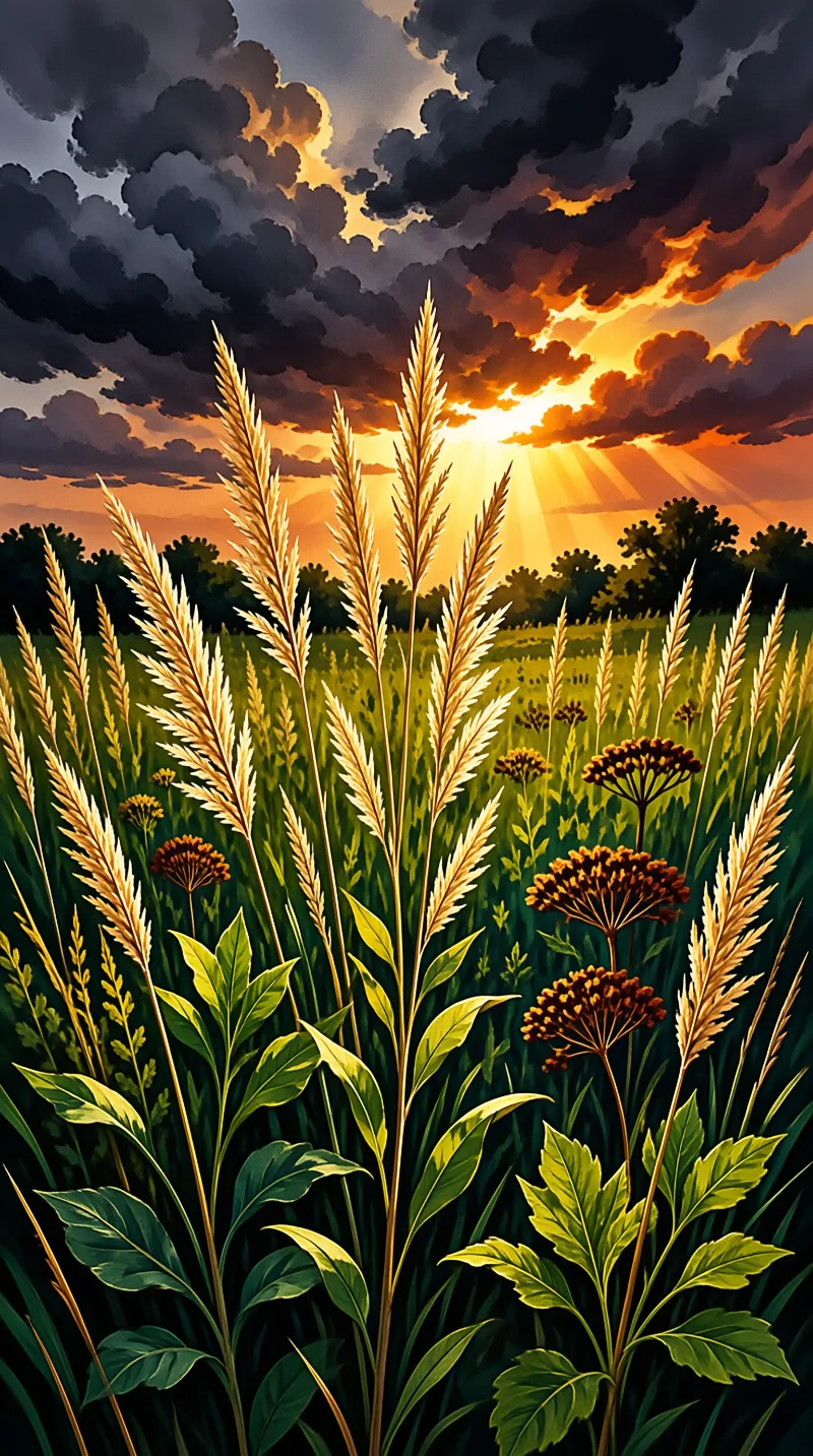 Sunlight breaks through dark clouds over a meadow of tall grasses and wildflowers creating an orange glow at the horizon.