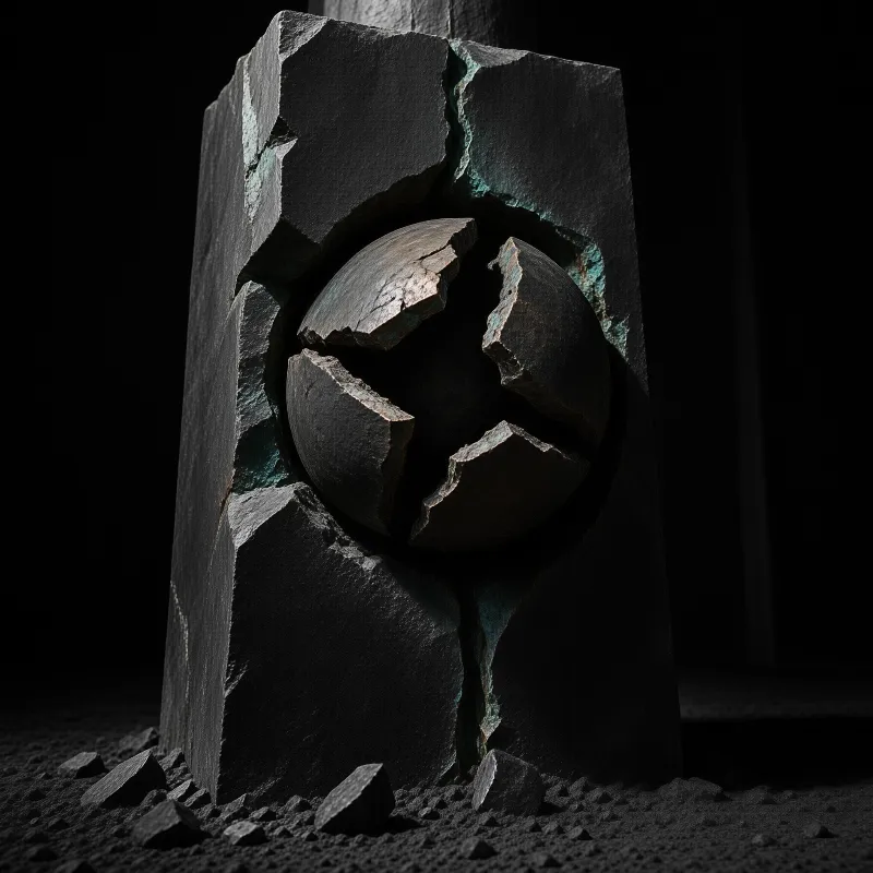 Dark rectangular stone block contains a cracked sphere with teal light glowing through fractures against pure blackness.