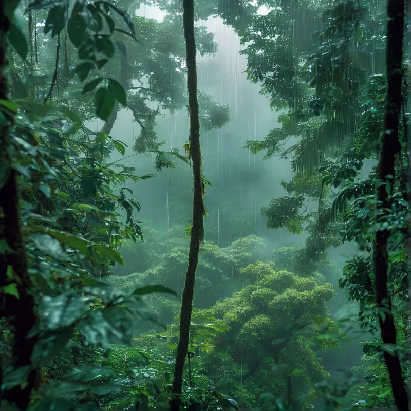 A dense green jungle scene with heavy rain falling through misty trees and hanging vines.