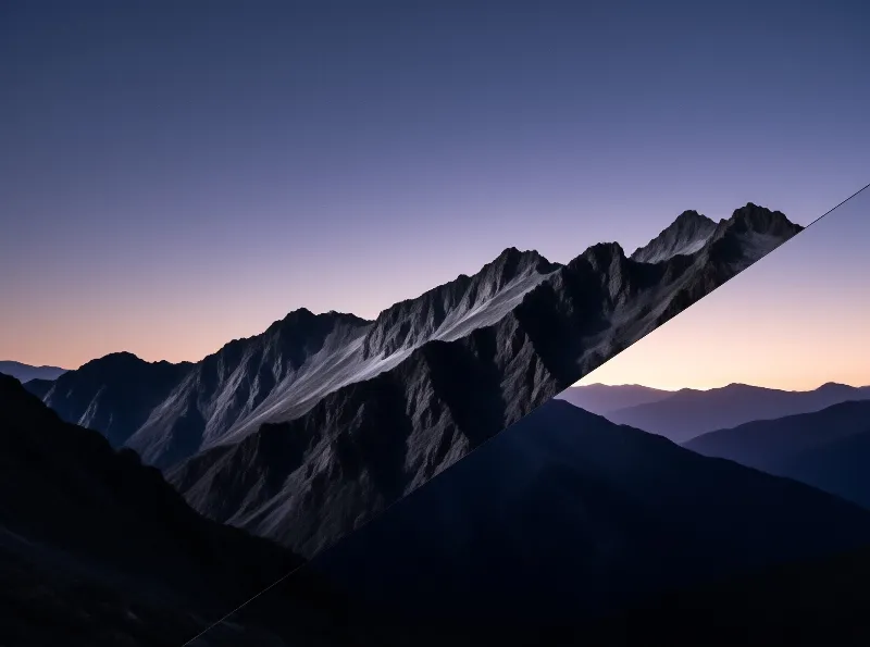 Diagonal split shows a sharp rocky peak under blue twilight while softer hills fade into an orange horizon glow.