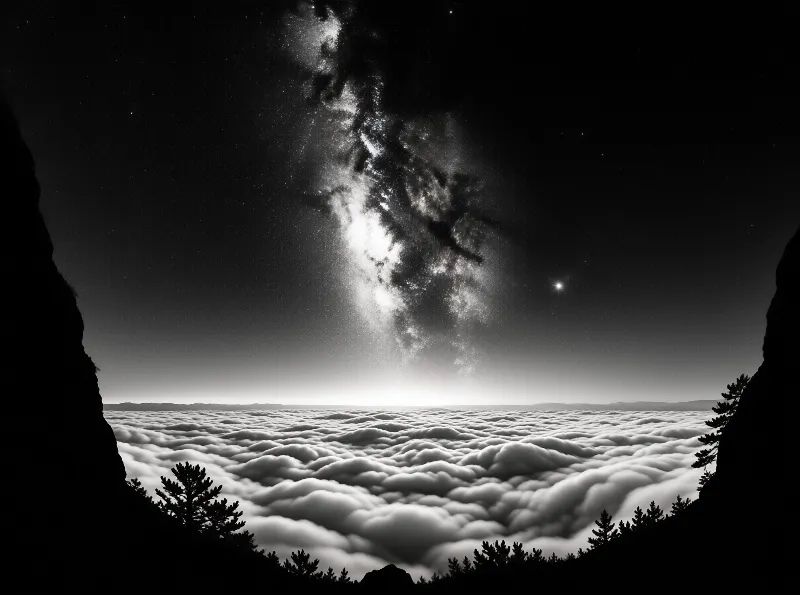 Black and white night sky showing the Milky Way galaxy arching over a thick layer of clouds viewed from a high vantage point.