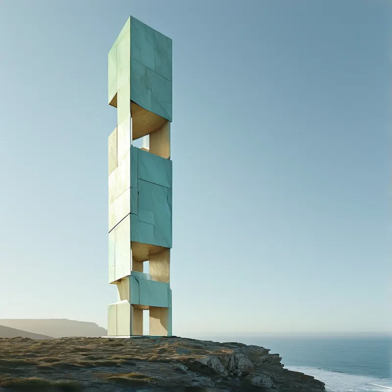A tall, blocky coastal tower stands on a grassy cliff edge overlooking a calm blue ocean under a pale sky.