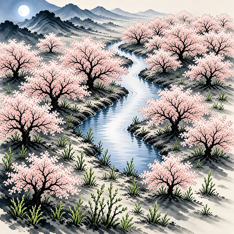 Nighttime cherry blossoms line a winding river beneath a full moon and distant mountains.