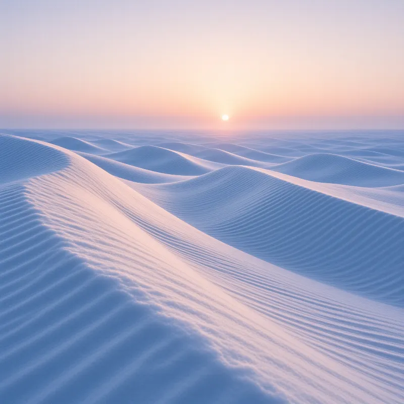 A vast landscape of rippled white sand hills beneath a gradient sky during sunrise.