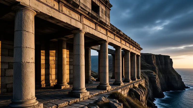 Ancient Greek columns stand on a rocky cliff edge overlooking the ocean during a golden sunset with dramatic shadows.